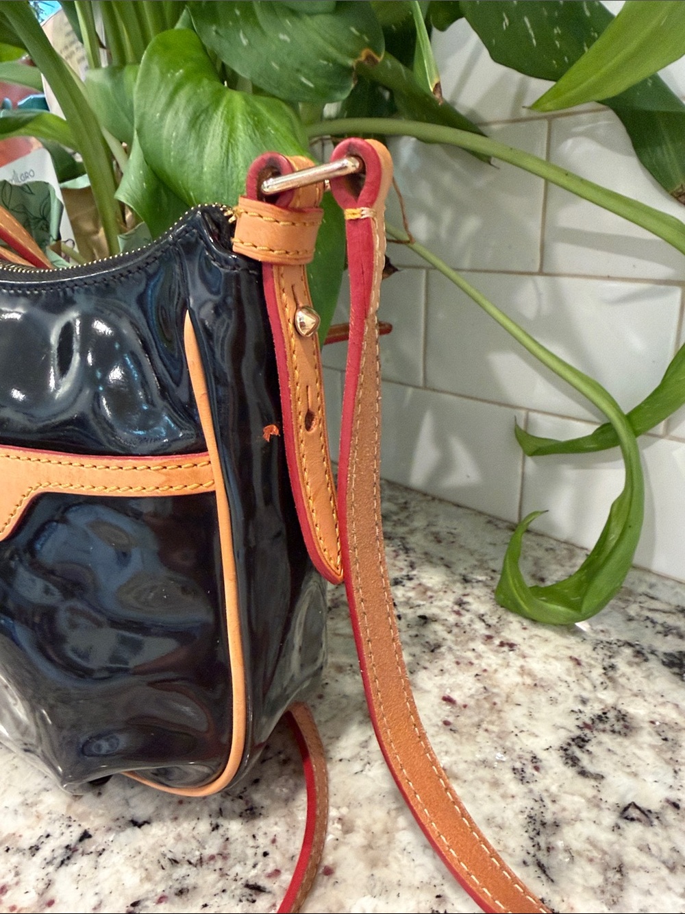 Dooney & Bourke Black Patent Crossbody with Tan Trim - Picture 5 of 15